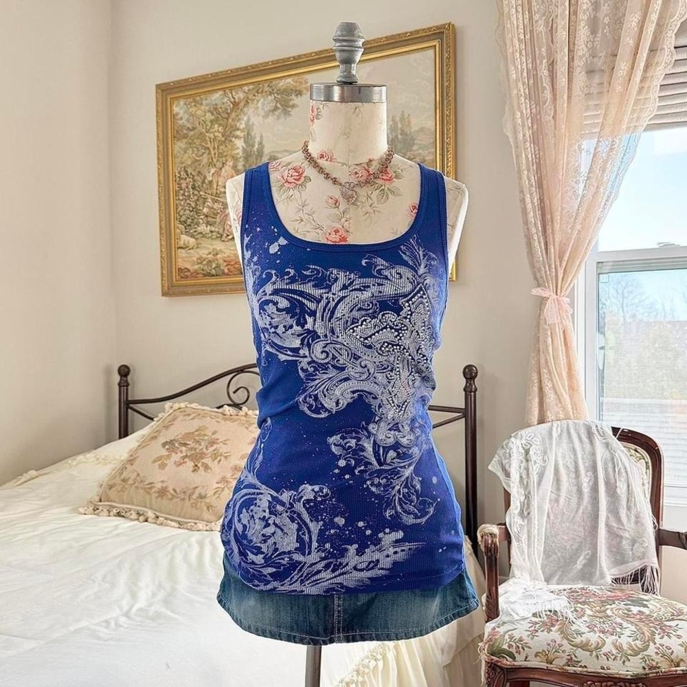 blue rhinestone mcbling tank  y2k zona libre blue graphic tank top size xl